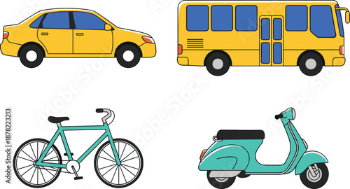 Urban transportation vehicles set including car bus bicycle and scooter, flat colorful vector illustration for city mobility, commuting, traffic, eco transport, infographic design
