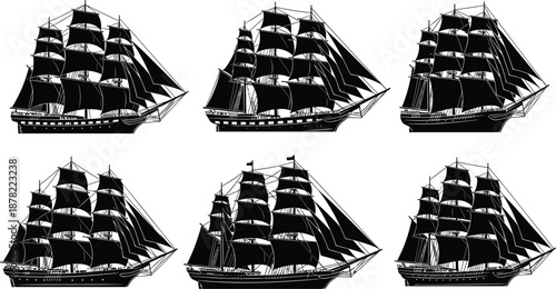 Vintage tall sailing ship silhouettes collection isolated on white background, classic maritime vessels with billowing sails for nautical history, ocean adventure, transport design themes