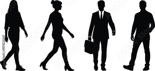 Walking people silhouettes set including men and women, casual and business poses, black vector illustration for urban lifestyle, corporate, commuting and human activity concepts