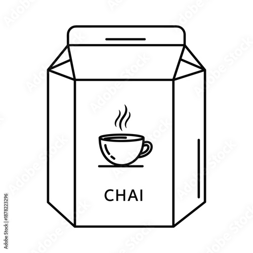 Black and white illustration of a hot chai tea bag packaging