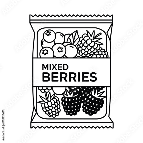 Black and white line drawing of a bag of mixed berries