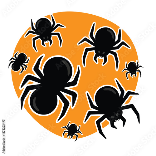 Black Spiders of Various Sizes on Orange.
