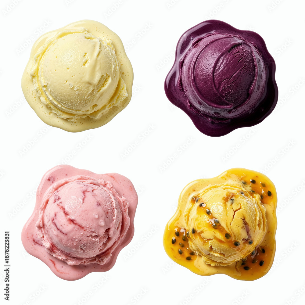 Fototapeta premium Colorful Ice Cream Scoops in Yellow, Purple, Pink and Passionfruit Flavors Isolated on White