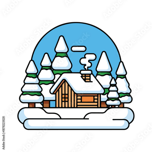 Cabin in the Snowy Forest Scene.