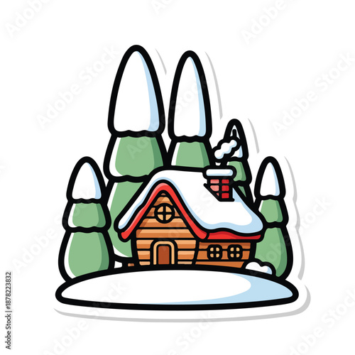 Cabin house cartoon winter scene illustration.