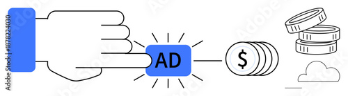 Digital marketing, online monetization, pay-per-click ads, advertising revenue, ecommerce growth, financial strategy. Hand pressing ad button connected to coins. Digital marketing and online