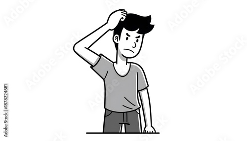 Young man scratching head thinking or confused line art illustration