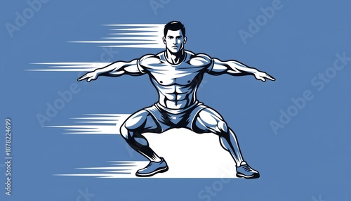 Athletic man performing lateral lunge exercise with speed lines