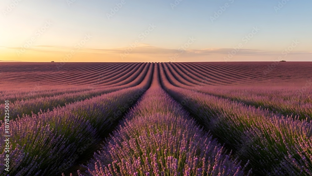 Fototapeta premium Vast Lavender Field Under a Soft Sunset Sky