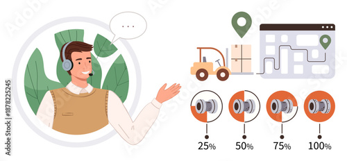 Customer service, logistics, delivery tracking, warehouse management, progress monitoring, supply chain. A support agent gestures towards shipment and progress icons. Logistics and delivery tracking