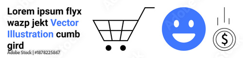 E-commerce, shopping, finance, digital marketing, customer experience, online businesses. A shopping cart, happy face and coin consumer purchasing and digital commerce. E-commerce and shopping
