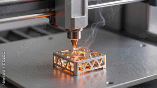 Industrial laser cutting head creating a miniature silver lattice part with rising smoke
