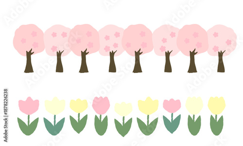 手描きの桜並木とチューリップの春のラインイラスト