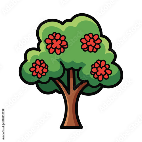 Wallpaper Mural Cartoon Tree with Red Flowers Illustration. Torontodigital.ca