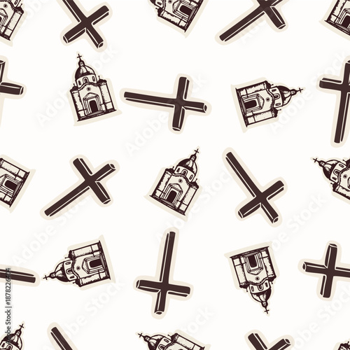 All over print of pilgrim motif. Christian pilgrimage church hand drawn seamless vector pattern. Religious cross illustration for background.
