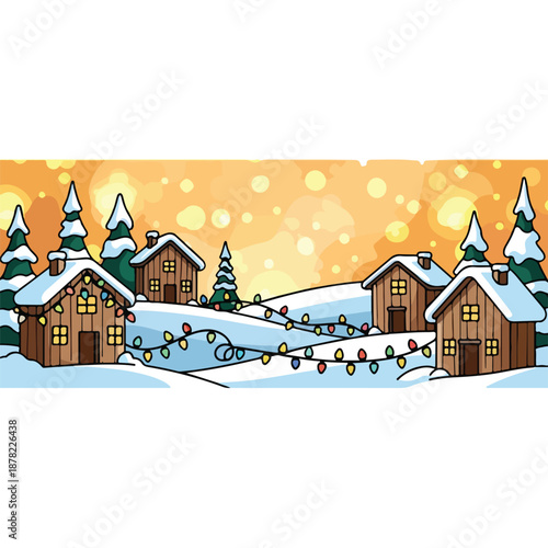 Wallpaper Mural Cartoon Winter Houses with Christmas Lights. Torontodigital.ca