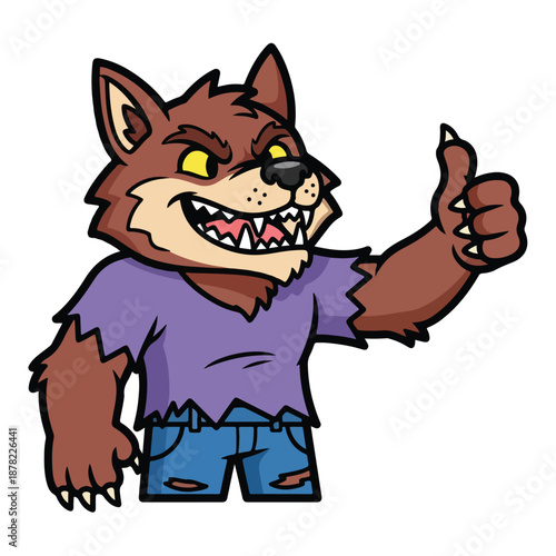 Cartoon Werewolf Character Giving Thumbs Up.