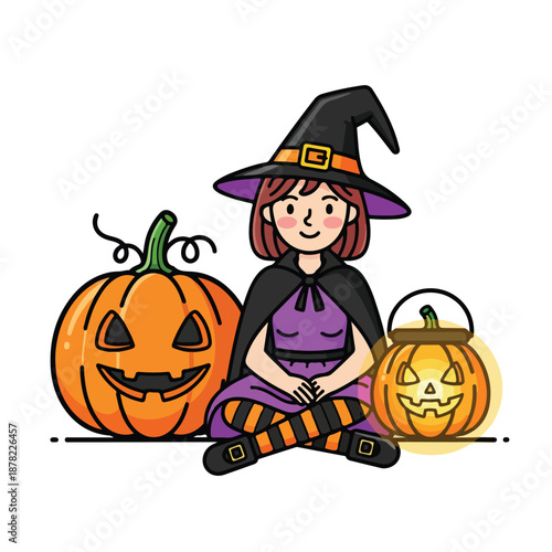 Wallpaper Mural Cartoon Witch Sitting with Pumpkins and Book. Torontodigital.ca