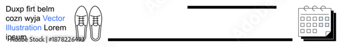 Productivity, scheduling, time management, organization, workflow, efficiency. A pair of shoes alongside a calendar icon. Productivity and scheduling concept for modern planning