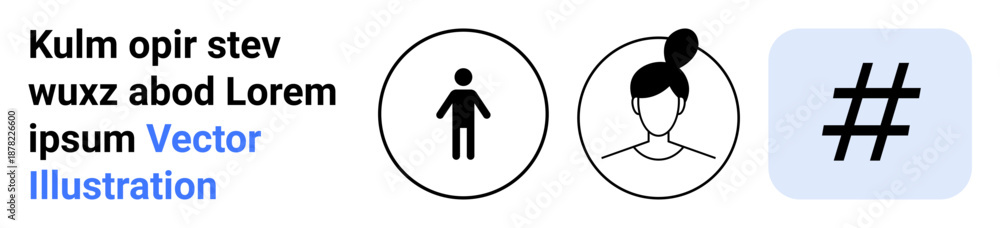 Fototapeta premium Male and female user icons alongside a metadata tag in circular outlines. Ideal for identity, social media, community, networking, branding, technology, and a simple landing page