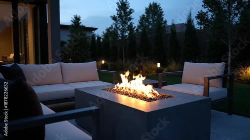 Outdoor patio with fire pit at dusk featuring garden, comfortable furniture, and warm fire flames, creating cozy outdoor living space at night.