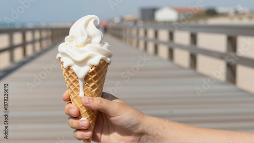 Hand holding a melting vanilla soft serve ice cream cone on a wooden boardwalk near the ocean