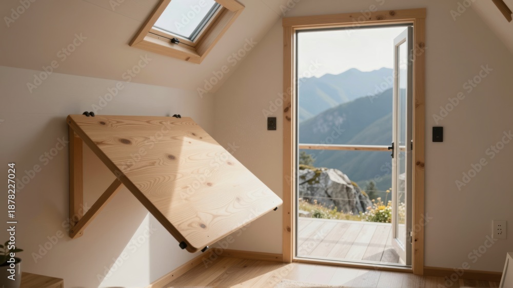 Fototapeta premium Modern folding wooden table in minimalist cabin interior overlooking scenic mountain landscape through open glass door