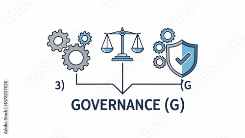 A graphic illustrating governance with gears, scales, and a shield