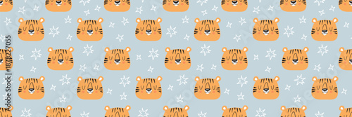 Cute tiger pattern with baby animals in cartoon style. Seamless jungle print featuring adorable safari characters, perfect for kids designs and childish backgrounds.