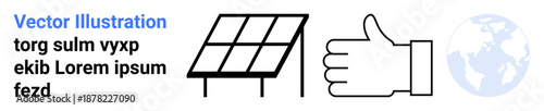 Renewable energy, global sustainability, eco-friendly solutions, solar technology, alternative power, environmental awareness. Solar panel, thumbs up globe icon. Renewable energy and global