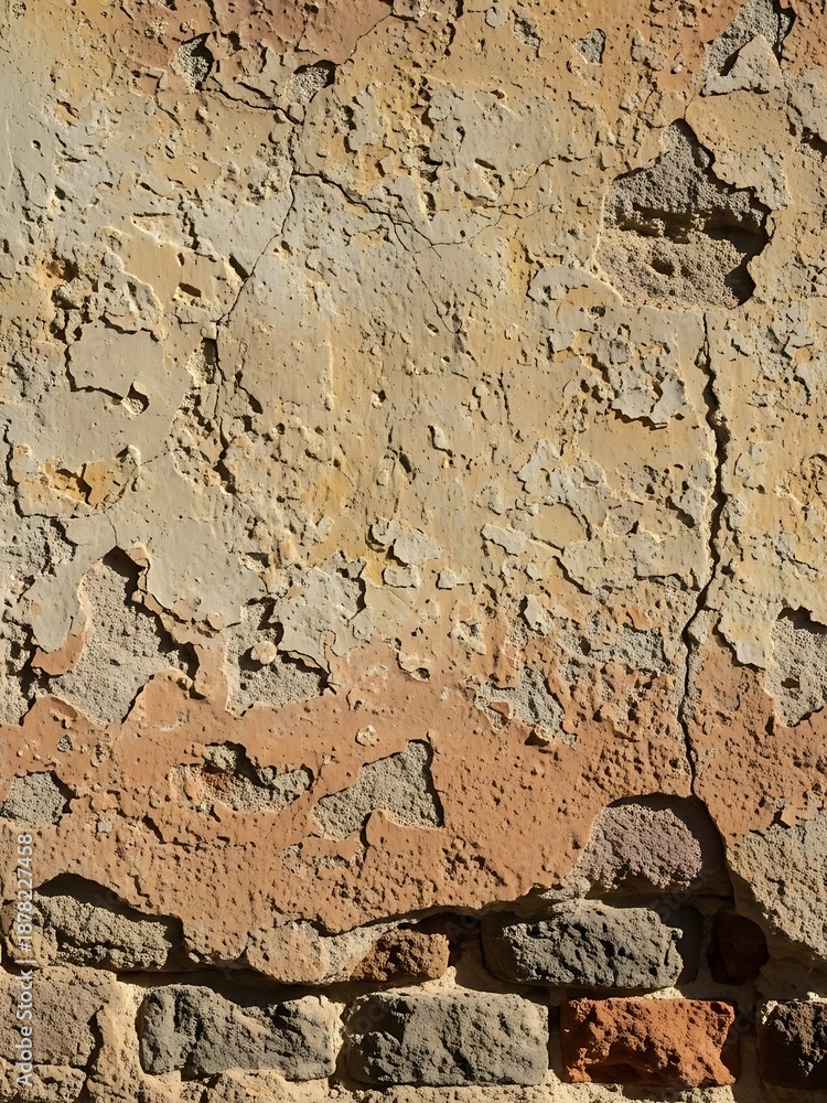 Fototapeta premium Ancient Brickwork with crumbling Plaster Layers creating Aged Wall Design