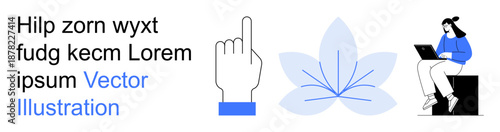 Online learning, digital interaction, technology, mindfulness, remote work, communication tools. A person using a laptop, a hand icon and a flower symbol. Online learning and digital interaction