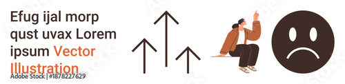 Business decisions, mood , motivation, abstract design, growth, reflection. Sad face emotion, upward arrows person pointing upward. Mood ation and motivation concept