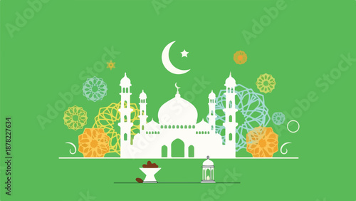 A green background image of a white mosque with floral patterns