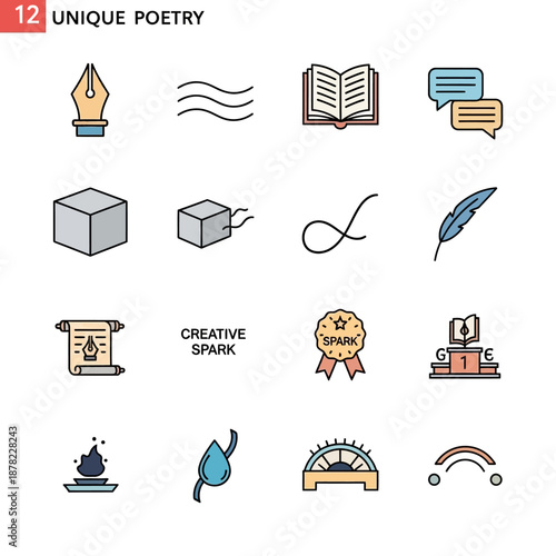 Creative Icons Representing Writing and Poetry.