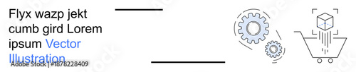 E-commerce, business systems, automation, product management, inventory, digital transactions. Gear symbols and a shopping cart with product scanning. E-commerce and business systems concept
