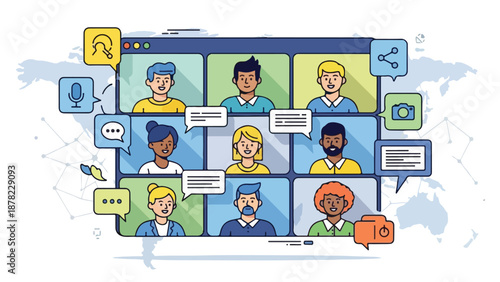 A digital illustration of a video conference with diverse participants