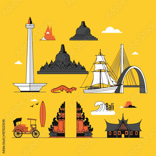 A digital illustration of famous landmarks and symbols of Bali