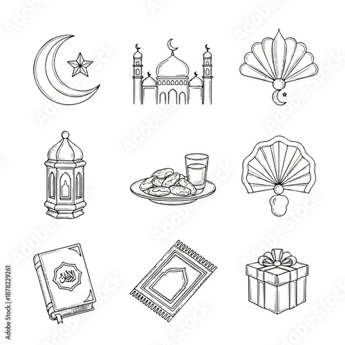 Islamic Symbols and Objects Line Art Collection.