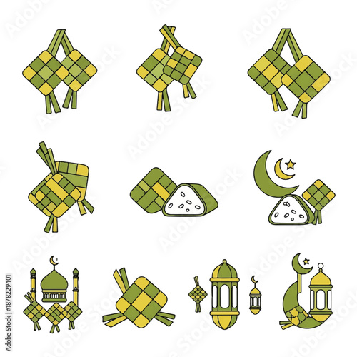 Ketupat and Lebaran Icon Set Illustration.