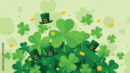 A digital illustration of shamrocks, gold coins, and leprechaun hats