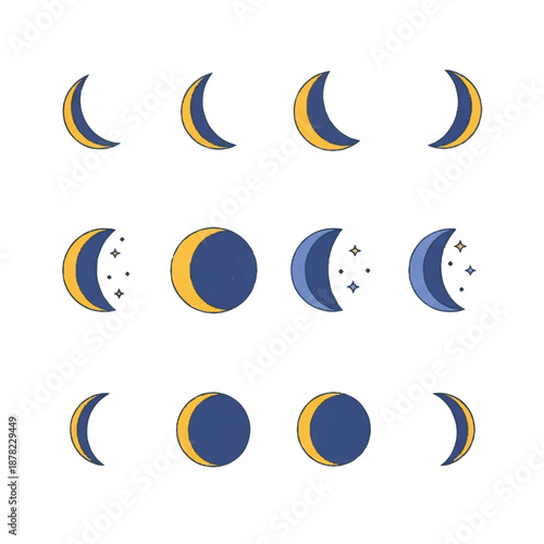 Moon Phases Illustration Set with Various Stages.