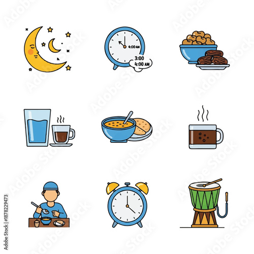 Morning Routine Icons Featuring Clocks and Beverages.