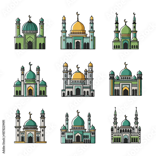 Mosque Architecture Illustrations with Diverse Dome Designs.