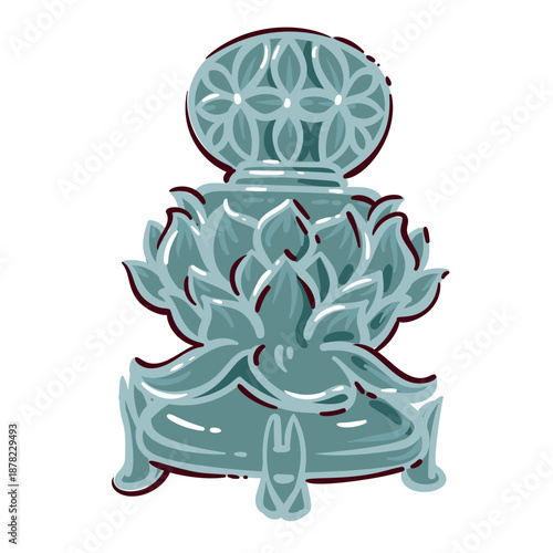 Korean stone pagoda lantern with lotus carving and floral relief. Stone pagoda element with carved base and top, traditional architecture detail, cultural heritage symbol, isolated cartoon vector illu