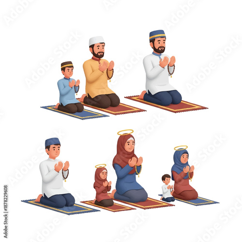 Muslim Family Praying on Prayer Mats Together.