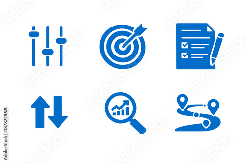 Strategy refinement icons set featuring goal recalibration, progress review and planning updates. Clean monocromatic vector symbols for apps, planners and digital productivity systems.