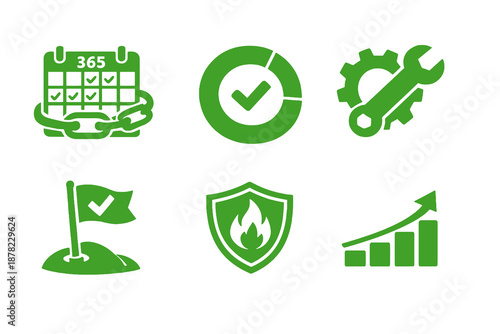 Long-term habit sustainment icons set featuring routine maintenance, checkpoints and steady growth. Clean monocromatic vector symbols for apps, planners and digital self improvement systems.