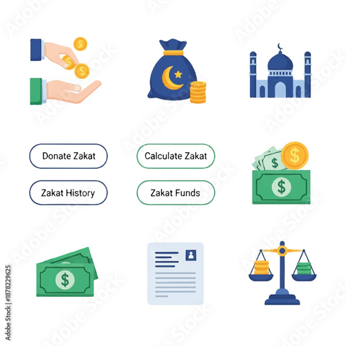 Zakat Donation Islamic Charity Finance Icons.