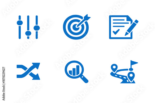 Goal adjustment icon set with strategy refinement, plan review and priority changes. Monocromatic flat vector icons for planners, productivity apps, UI dashboards and strategy tools.